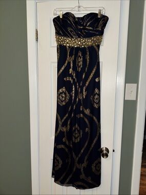 Strapless Navy and Gold Sequin Waist Evening Dress